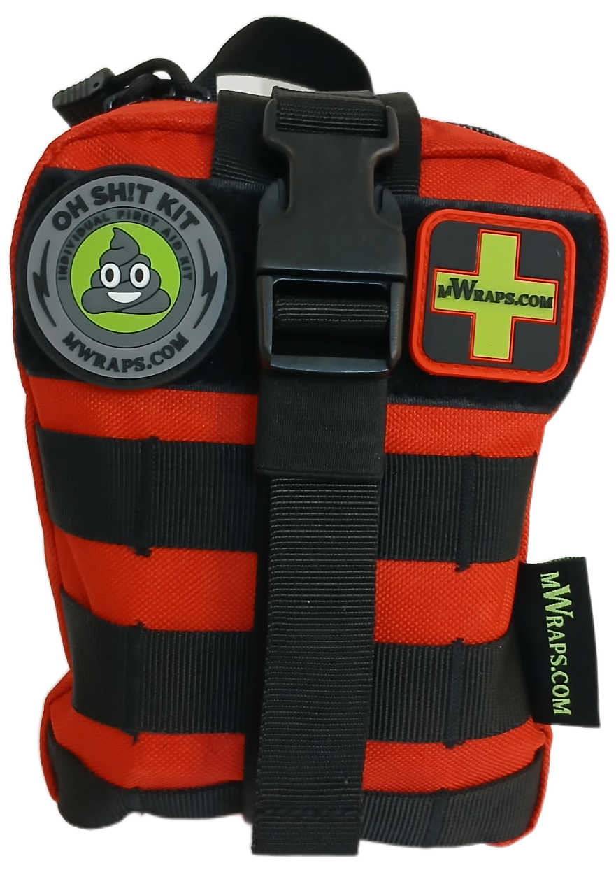 Red and black striped bag with a strap, featuring 'Oh Shit Kit' and 'MyWraps.com' logos.