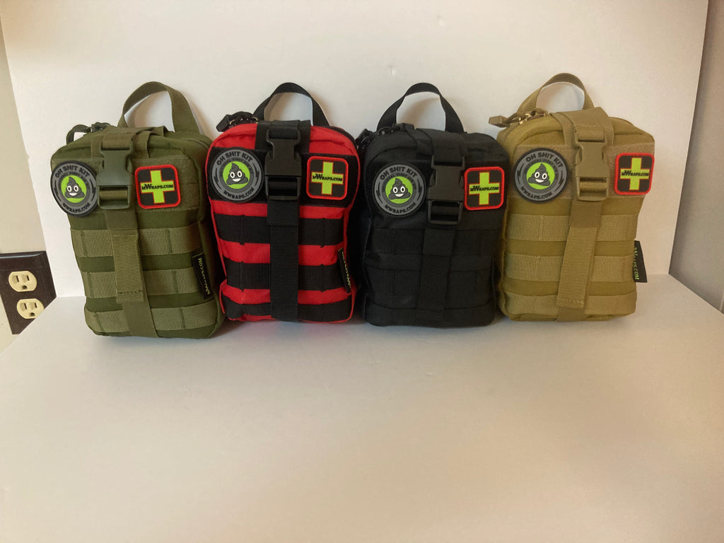 Four tactical pouches in different colors on a white surface.
