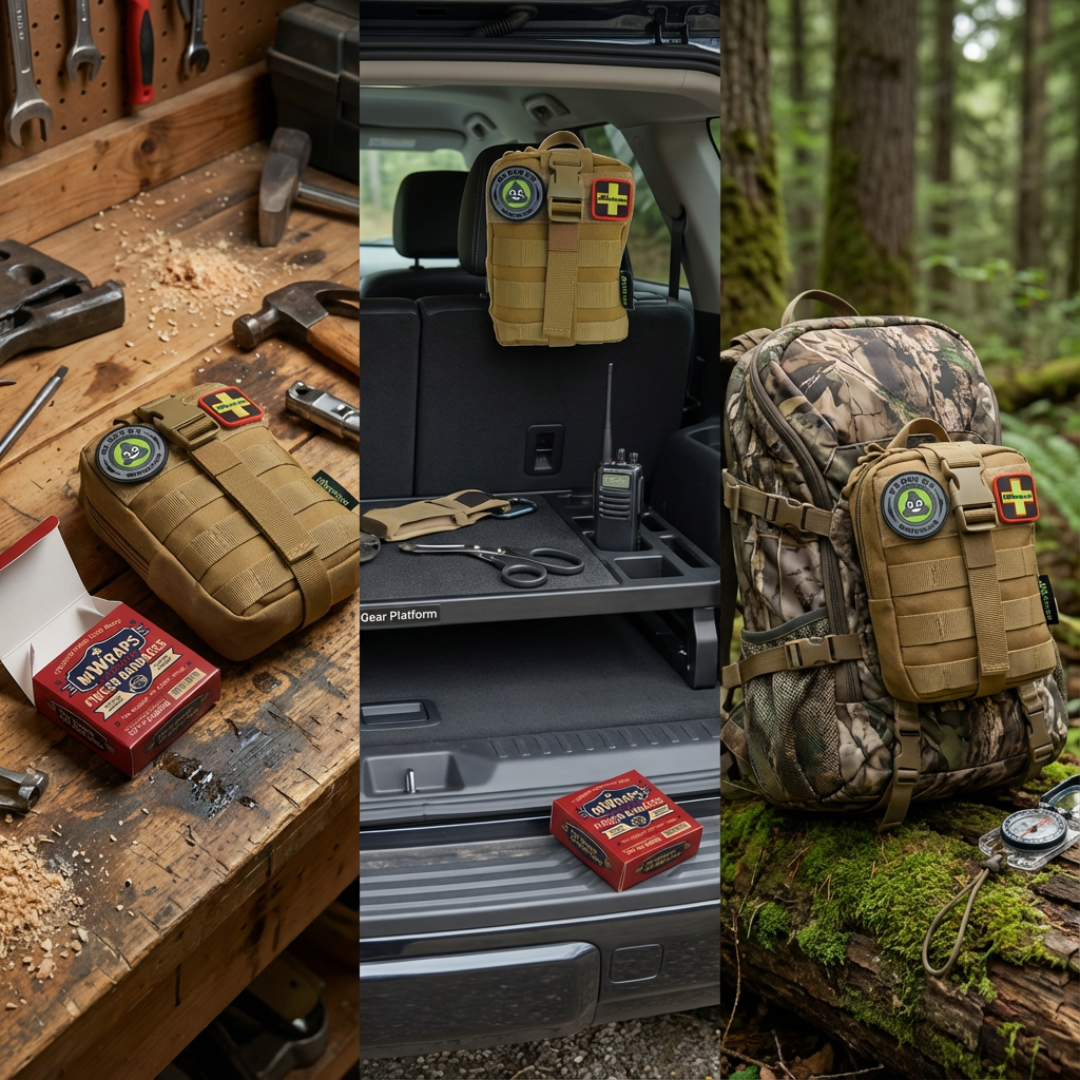 Camouflage backpack and gear in a vehicle with tools on a workbench.