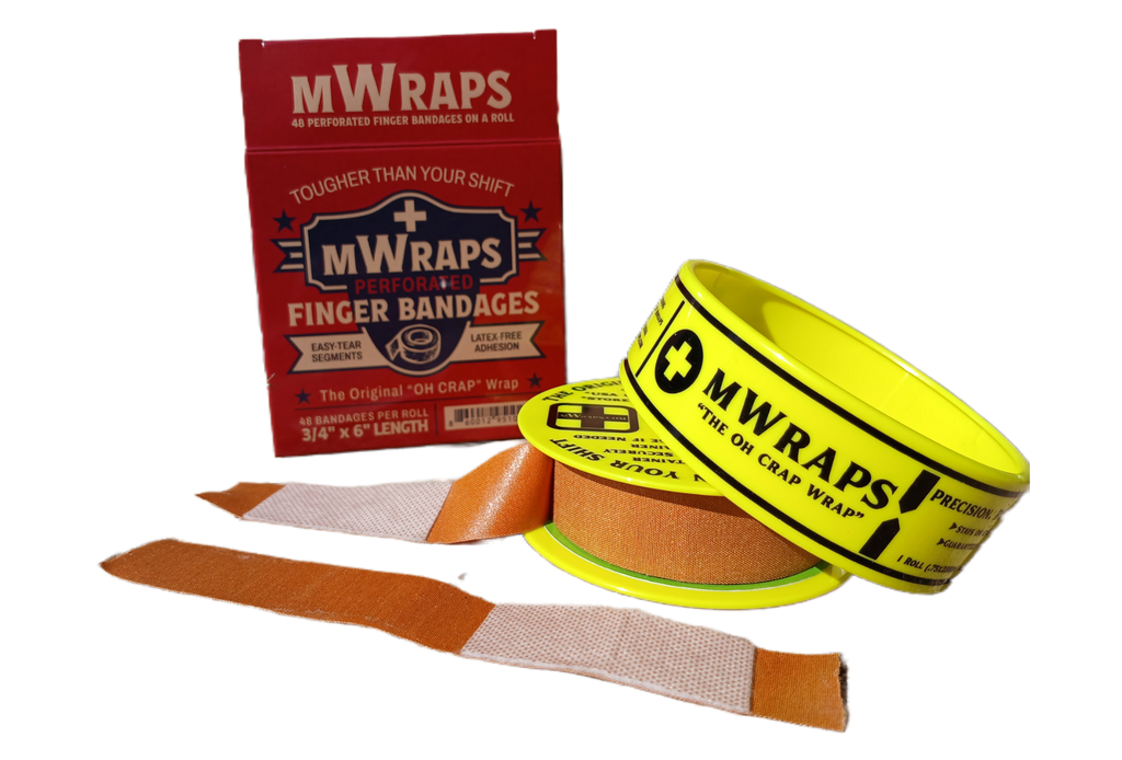 MWraps perforated finger bandages with roll, box, and individual wrap strips — durable latex-free adhesive.